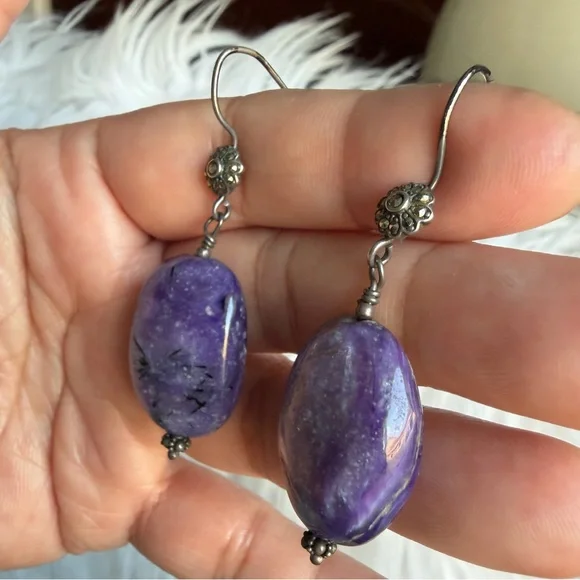 Handmade Chariote Purple Gemstone Sterling Silver Boho Dangle Earrings - Picture 13 of 17